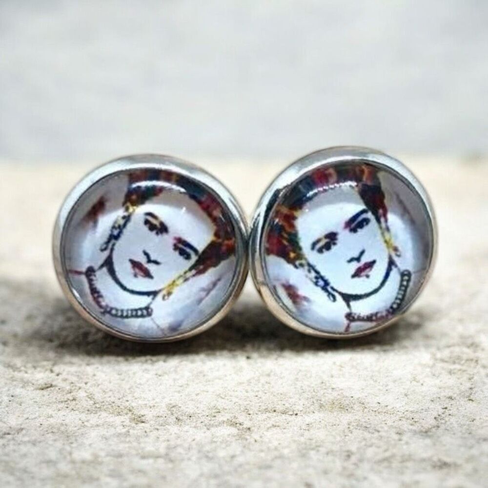 New Womens Boutique Frida Kahlo Carbachon Dome Nickel Plate Stud Earrings